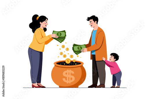 Illustration Depicting a Family Depositing Money into a Large Savings Pot with Coins Overflowing Symbolizing Prosperity and Financial Growth