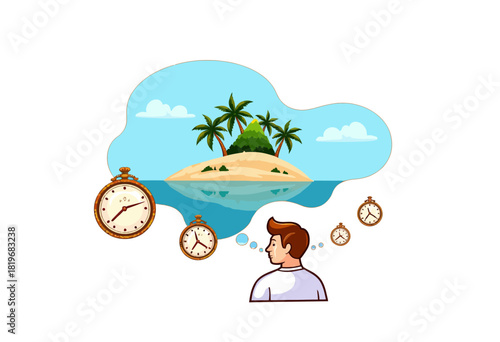 Illustration of a Person Dreaming of a Relaxing Tropical Island Escape with Floating Timepieces Symbolizing Leisure and Tranquility