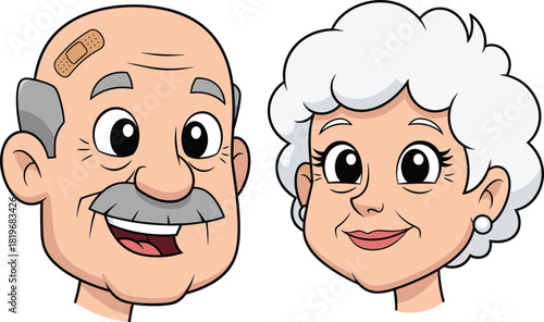 Cartoon elderly man and woman smiling, senior couple with gray hair, friendly expressions, flat vector illustration for community themes