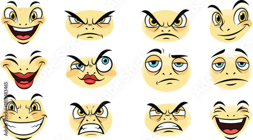 Cartoon emotion face set with exaggerated expressions, happy, angry, confused, amused, stylized icons, flat vector illustration