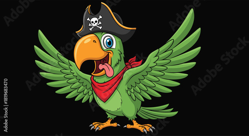Cartoon green parrot dressed as pirate with hat, red bandana, sword pose, playful character, flat vector illustration
