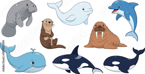 Cartoon marine mammal set with manatee, dolphin, whale, orca, walrus, sea otter, playful educational vector illustration