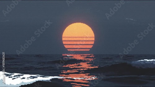 Sunset over ocean waves in retro style. VHS aesthetic video sequence showing setting sun bird in sky crashing wave and reflective seascape. 80s 90s nostalgic beach scene.