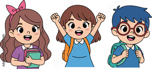 Cartoon school children with backpacks, books, excited expressions, diverse outfits, educational theme, student characters, flat vector illustration