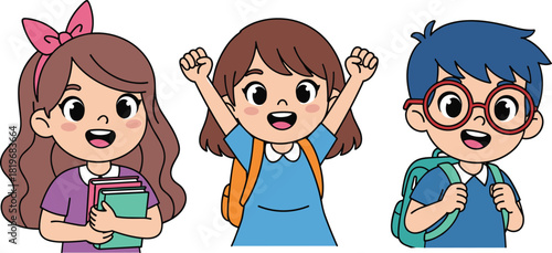 Cartoon school children with books, backpacks, excited expressions, diverse outfits, happy students, educational theme, flat vector illustration
