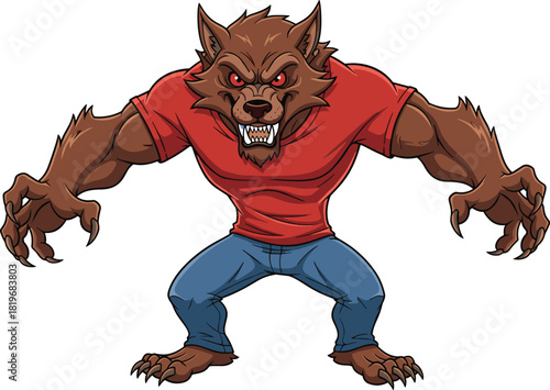 Cartoon werewolf transformation with red eyes, sharp claws, muscular build, aggressive pose, horror theme, flat vector illustration