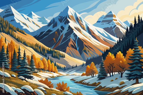 vector of The first snow of the season covering the rugged mountain peaks above McClure Pass in Colorado, quiet winter landscape, scenic mountain landscape, peaceful nature and early snowfall scenery.