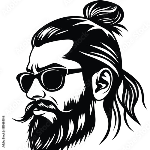 Bearded man with sunglasses showcases his topknot hairstyle in stark black and white