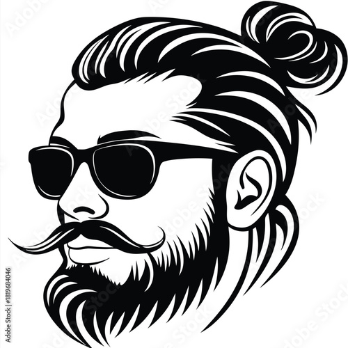 Bearded man with sunglasses, topknot hairstyle, and mustache displays classic male style in monochrome