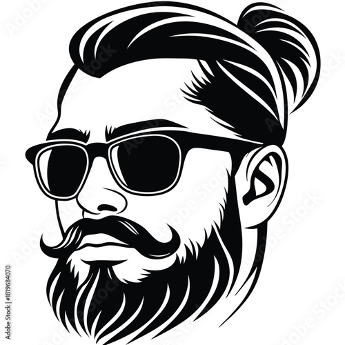 Black showcases a man with beard, mustache, sunglasses, and topknot hairstyle