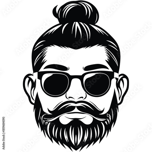 Isolated black line art shows a hipster man with bun and beard