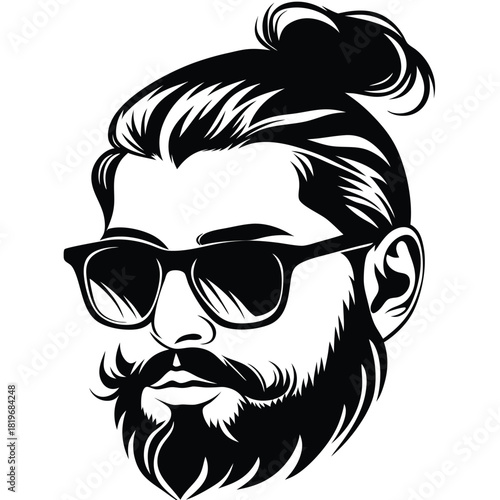 Man with beard and sunglasses in black silhouette style shows modern hairstyle