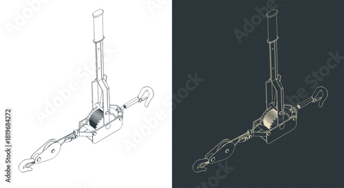 Come-along winch isometric drawings illustrations