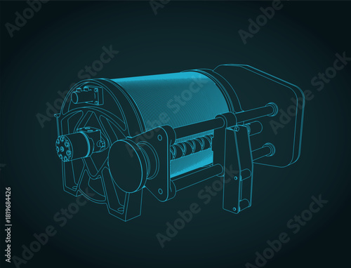 Powerful hydraulic winch blueprint illustration