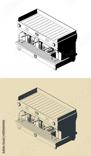 Professional coffee machine isometric illustrations