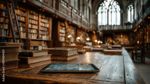 Wallpaper Mural Tablet with blank screen on table in bright library with tall bookshelves and arched windows Torontodigital.ca
