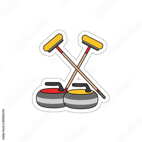Curling stones and brooms crossing in colorful winter sports design  