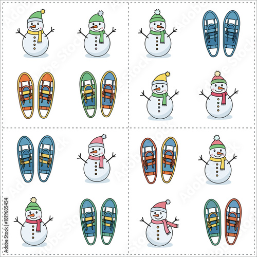 Playful seamless pattern of snowmen and snowshoes in winter theme  