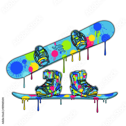 Colorful snowboarding gear with paint splatters in creative design  