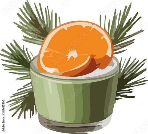 A fresh tangerine slice resting on creamy dessert in a green cup, decorated with festive pine branches for a bright winter touch.