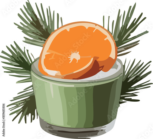 A fresh tangerine slice resting on creamy dessert in a green cup, decorated with festive pine branches for a bright winter touch.
