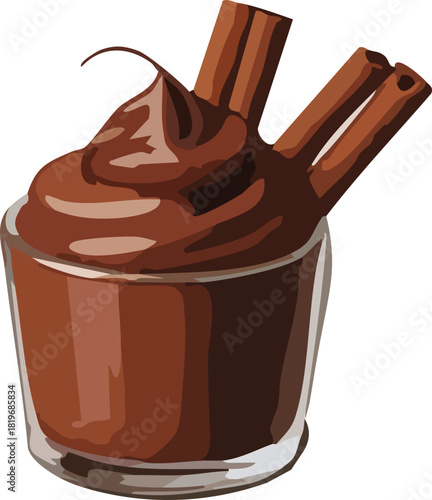 A rich chocolate mousse served in a small glass, topped with smooth swirls and two cinnamon sticks for a warm, festive touch.