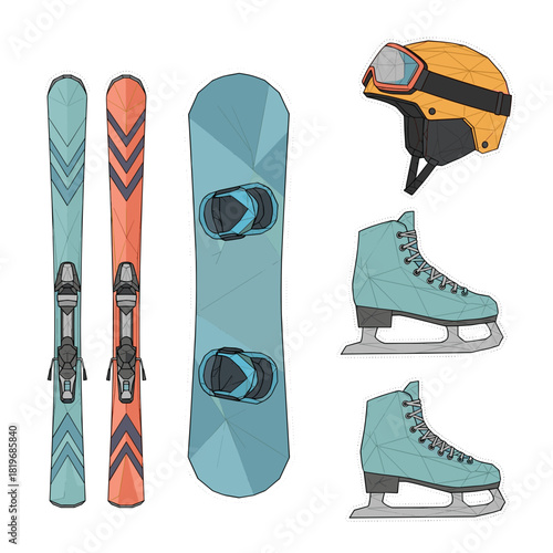 Winter sports equipment in abstract low poly style concept of seamless pattern  