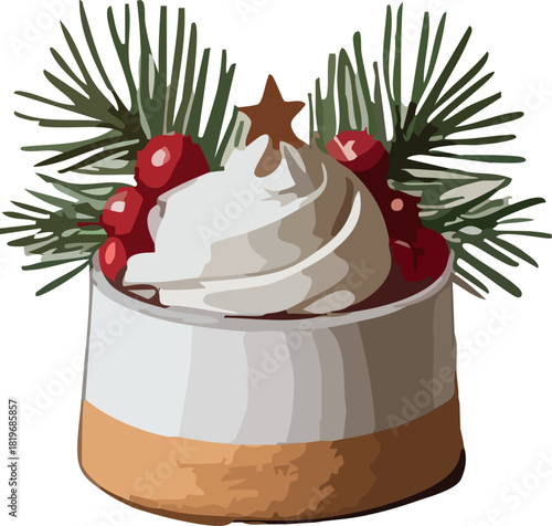 A festive creamy dessert topped with whipped swirl, red berries, pine branches, and a small gingerbread star for a cozy holiday look.