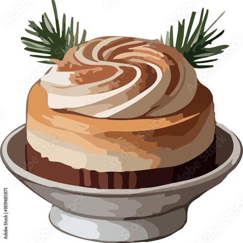 A swirled caramel-cream dessert sitting on a small pedestal dish, decorated with simple pine branches for a warm winter touch.