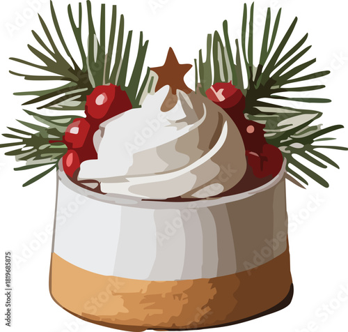 A festive creamy dessert topped with whipped swirl, red berries, pine branches, and a small gingerbread star for a cozy holiday look.