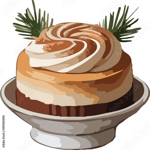 A swirled caramel-cream dessert sitting on a small pedestal dish, decorated with simple pine branches for a warm winter touch.