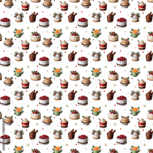 A seamless festive pattern featuring assorted winter desserts—berries, citrus, chocolate, whipped cream, pine sprigs, and stars—arranged on a clean white background.