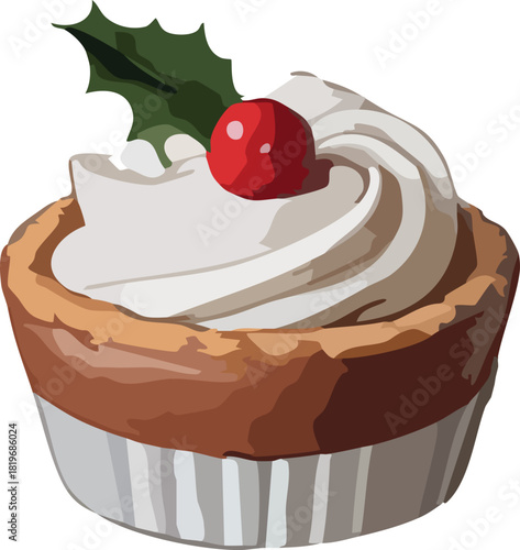 A small festive tart filled with creamy whipped topping and decorated with a glossy red berry and a holly leaf.