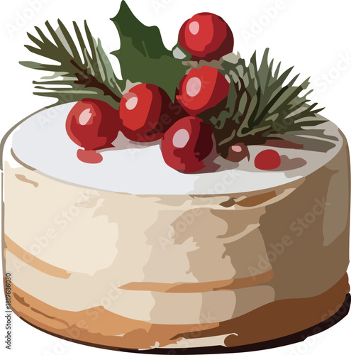 A festive round cake topped with bright red berries, holly leaves, and pine sprigs, creating a cozy and elegant winter holiday look.