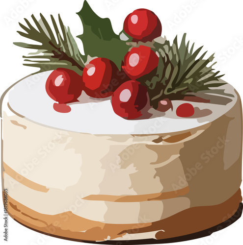 A festive round cake topped with bright red berries, holly leaves, and pine sprigs, creating a cozy and elegant winter holiday look.