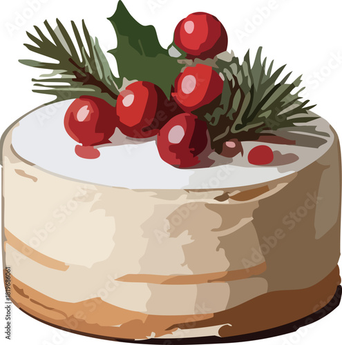 A festive round cake topped with bright red berries, holly leaves, and pine sprigs, creating a cozy and elegant winter holiday look.
