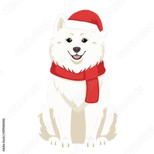 Cute Samoyed Dog in Santa Hat and Red Scarf