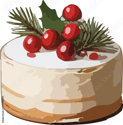 A festive round cake topped with bright red berries, holly leaves, and pine sprigs, creating a cozy and elegant winter holiday look.