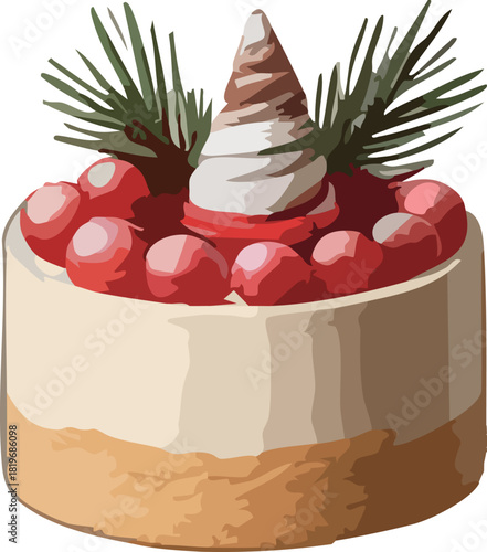 A festive round dessert topped with a swirl of whipped cream shaped like a tiny tree, surrounded by bright red berries and decorated with pine sprigs.