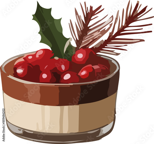 A layered holiday dessert topped with glossy red berries, holly leaves, and festive pine sprigs in a small glass cup.