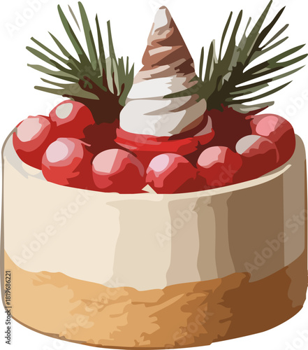 A festive round dessert topped with a swirl of whipped cream shaped like a tiny tree, surrounded by bright red berries and decorated with pine sprigs.