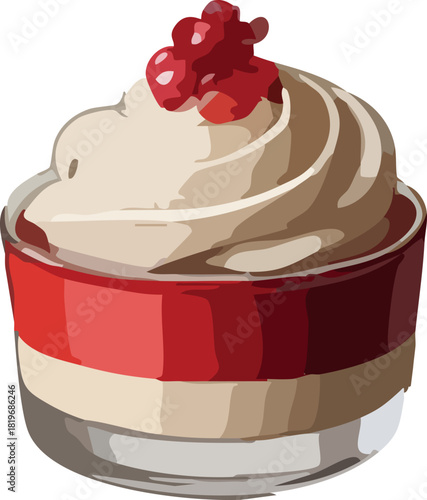 A creamy layered dessert in a glass with a bright red stripe, topped with a smooth whipped swirl and a cluster of glossy red berries.