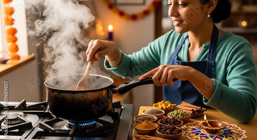 Woman Cooking Authentic Indian Food at Home with Focus and Care.