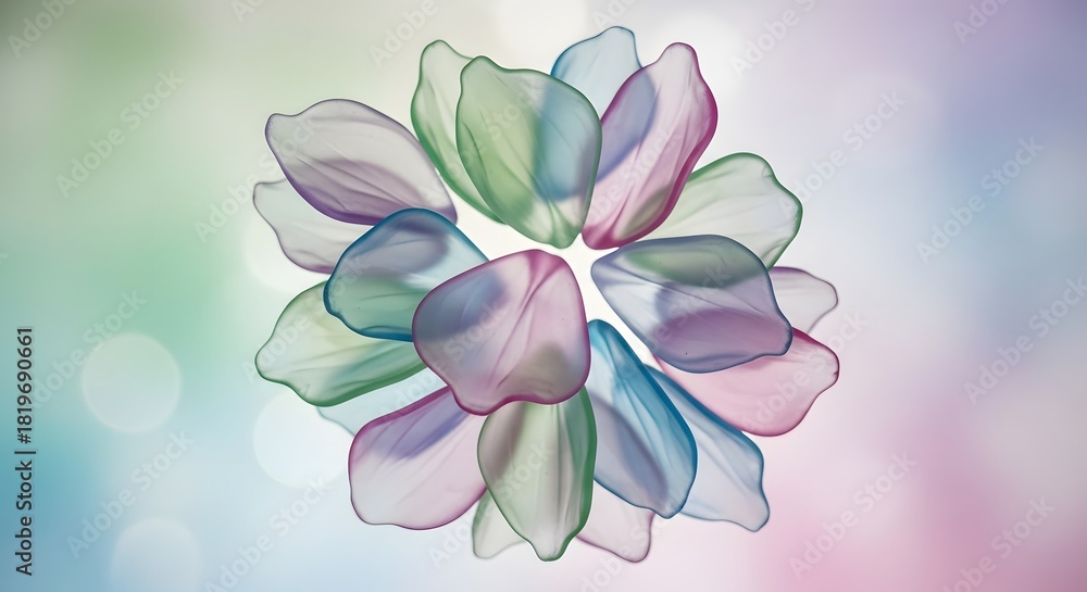 Fototapeta premium Translucent flower petals arranged in a circular pattern against a soft pastel bokeh background
