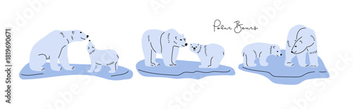 Mother bear and baby set. Motherhood, caring for offspring, protecting cubs. Flat vector illustrations of North animal. Ursus maritimus. Polar bears with cubs. Wild animals. Arctic white north animals