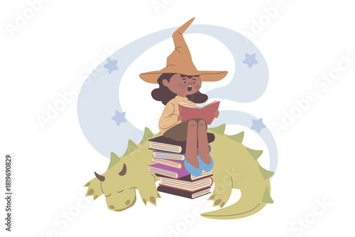 Children reading book concept with cartoon people for web design. Girl reads fantasy story, imagining literary adventures with dragon and magicians, enjoying fairy tale novels. Vector illustration.