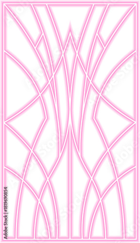 Crossed arch structure forms neon curved intersections producing symmetric geometry enriched by fanburst and sunburst influence.