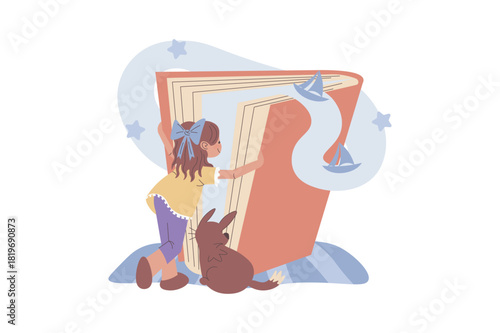 Children reading book concept with cartoon people for web design. Girl reads story with sea exploration and imagining literary adventures, enjoying novels with maritime history. Vector illustration.