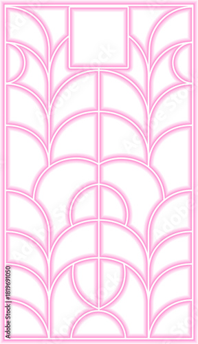 Layered scallop pattern arranges repeated neon arcs in concentric geometry shaped by fanburst and sunburst flow.