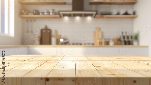 Fototapeta Naklejka Na Ścianę i Meble -  Wooden table in modern kitchen with blurred background. Wood rustic counter for product display, showcasing bright and clean interior design, ideal for cooking and home lifestyle